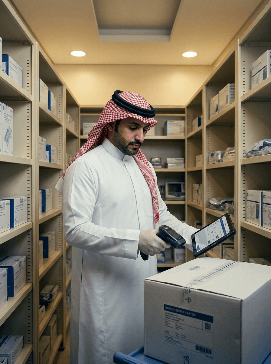 فني إمداد سعودي يمسح صندوق مستلزمات معقّمة في مستودع طبي