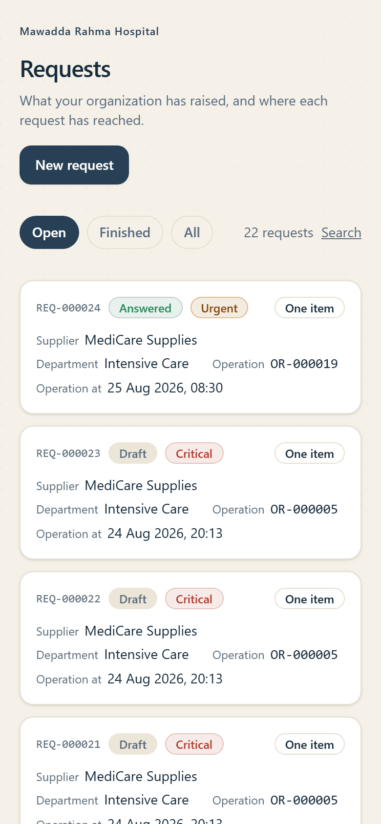 The product on a phone: the request queue, each request with its reference, its stage, and the operation it supplies